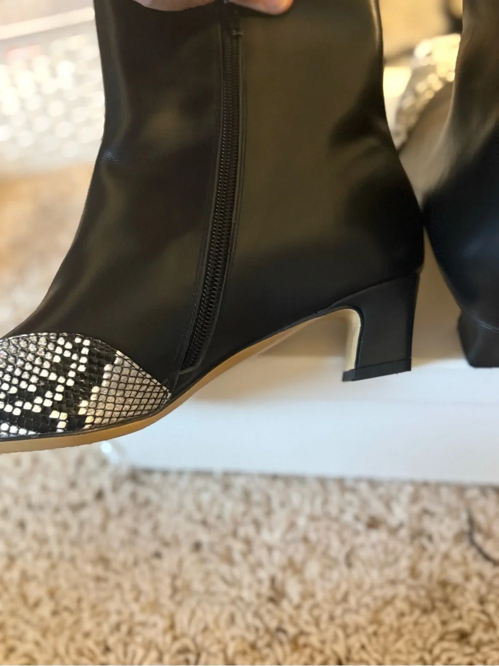 Designer Ankle Boots with Black-and-White Snake-Print Toe US 8